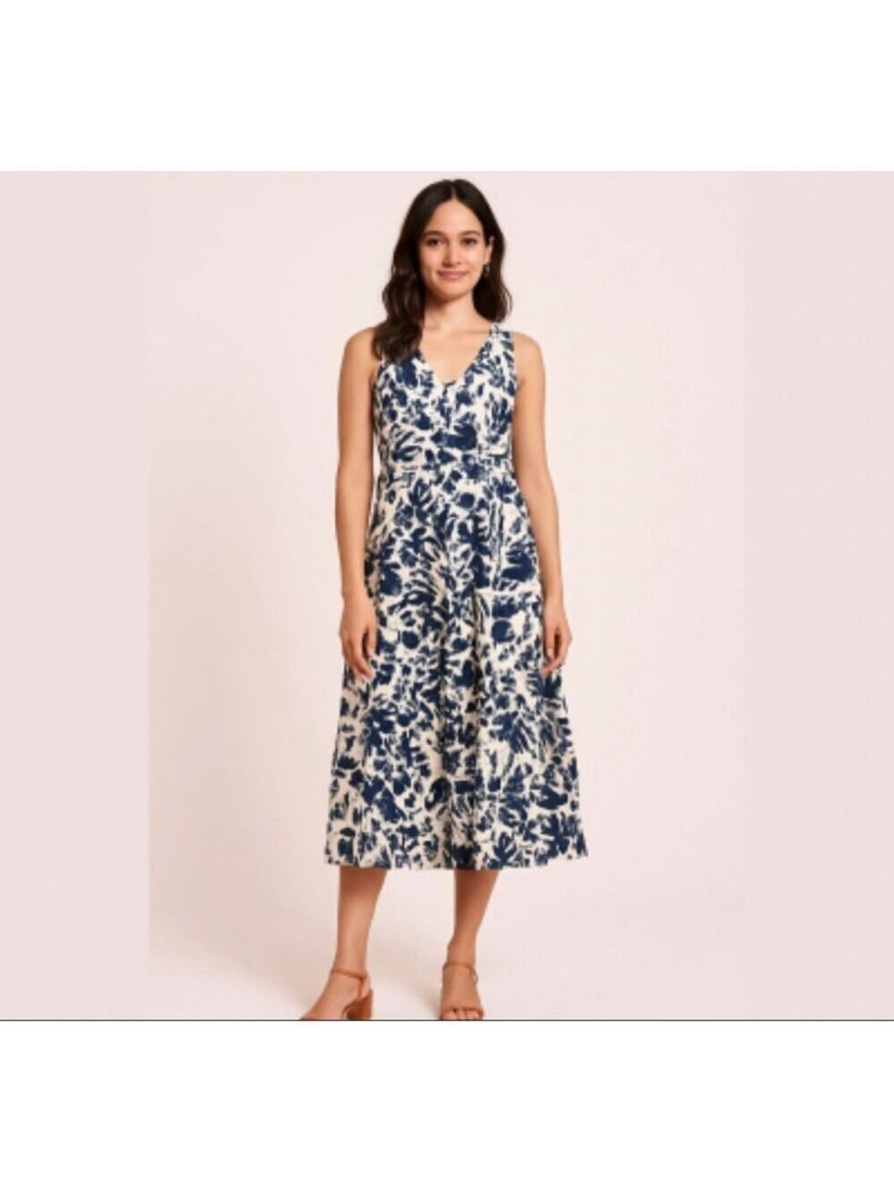 Magaschoni Tiered Linen Midi V-Neck Dress - Blue And White Floral Sz 6